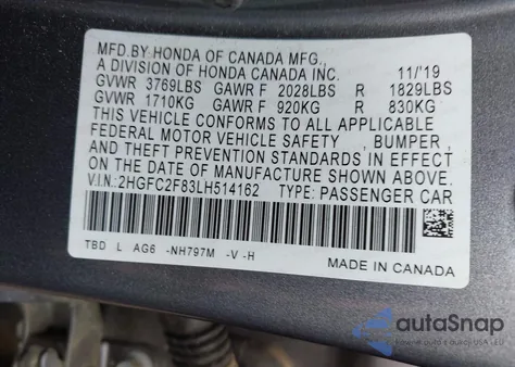 2020 Honda Civic Sport z USA, uszkodzony, nr VIN 2HGFC2F83LH514162